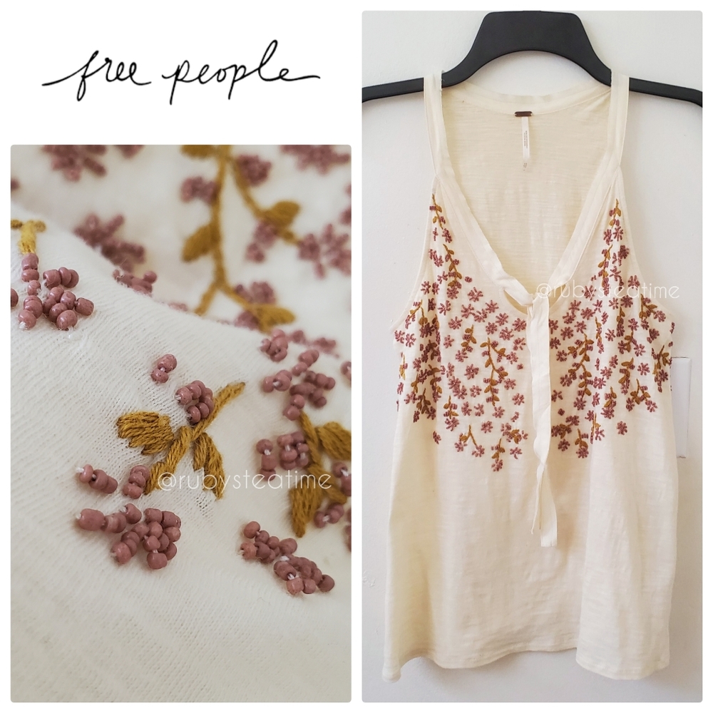 FREE PEOPLE Boho Floral Beaded Flowy Tank Top with Tie, Cream Knit, Embroidery